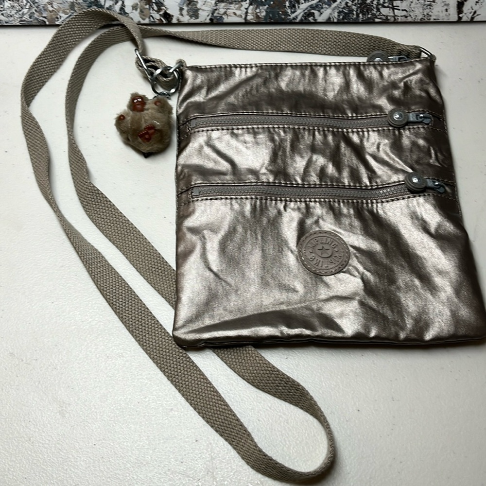 Kipling Alvar Crossbody Purse Zip Metallic Gorilla Charm